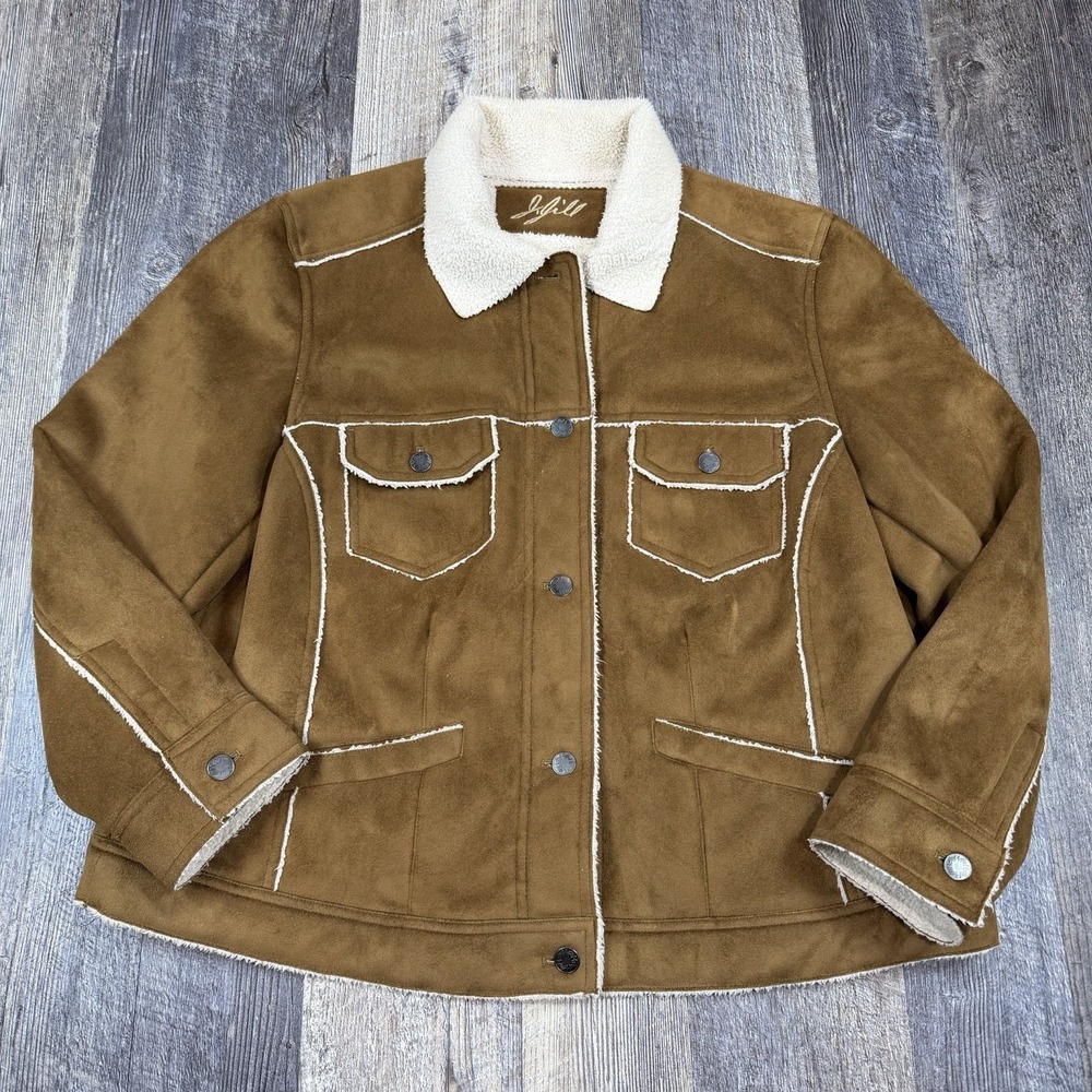 J Jill Women's Size 1X Faux Suede Sherpa Lined Jacket Tan‎ Button Front Cozy